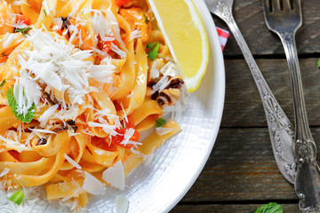 Delicious pasta with seafoodon a plate