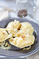 Dumplings with onions on a plate