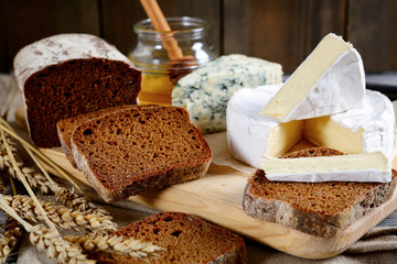 Still-life with Brie cheese, bread slices, roquefort and honey