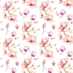 Panele Szklane Podświetlane  Akwarela bezszwowe tapeta z kwiatów magnolii, liści.