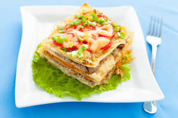 Freshly baked homemade lasagna with vegetables