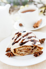 Homemade freshly baked apple pie and tea. Tasty dessert