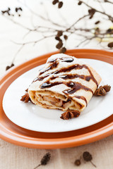 Piece of homemade apple pie on a plate close up
