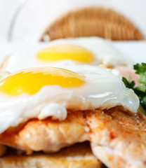 Fried eggs with toast and chicken