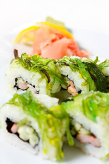 Sushi Roll with Chuka, shrimp, rice and cucumber