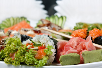 Sushi Assorted with Roll, Hand Roll, Sashimi, Ginger and Wasabi