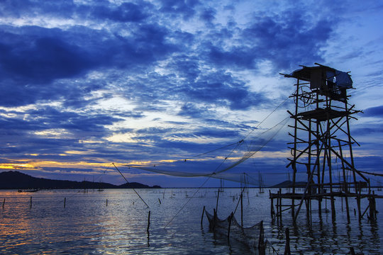 Lift net at dawn at Songkhla lake, Koh Yor, Songkhla province, Thailand