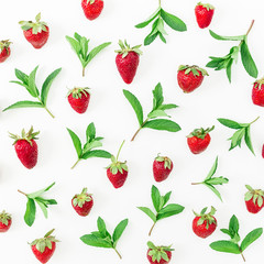 Colourful pattern of strawberries and mint leaves on white background. Background of berries. Flat lay, top view.