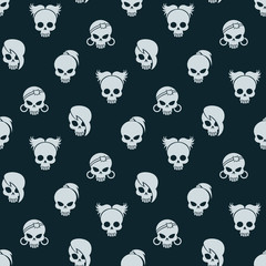 Fototapeta premium Girl skull seamless pattern. Vector cute skull seamless texture on dark background