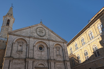 Fototapeta na wymiar PIENZA, TUSCANY-ITALY, OCTOBER 30, 2017: Old town of Pienza, Tuscany, Italy. Historic Cathedral in the city center on Plaza de Pio II.