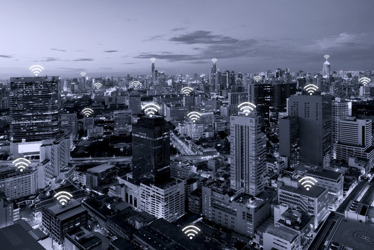 Wifi icon and Bangkok city with network connection concept, Bangkok smart city and wireless communication network, abstract image visual, internet of things.