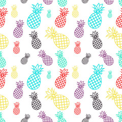 Seamless pattern with colorful pineapples. Tropical fruit on a white background