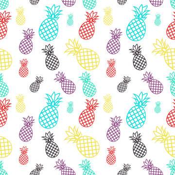 Seamless pattern with colorful pineapples. Tropical fruit on a white background