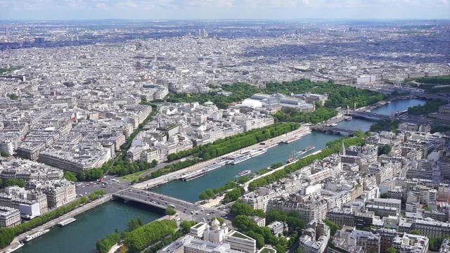 Video from Eiffel Tower to city of Paris on a spring morning with beautiful clouds, Paris, France