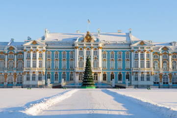 The facade of the Catherine Palace with Christmas tree in front of the main entrance. Tsarskoye...