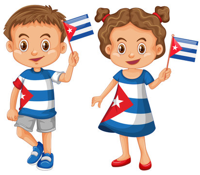Happy boy and girl holding flag of Cuba