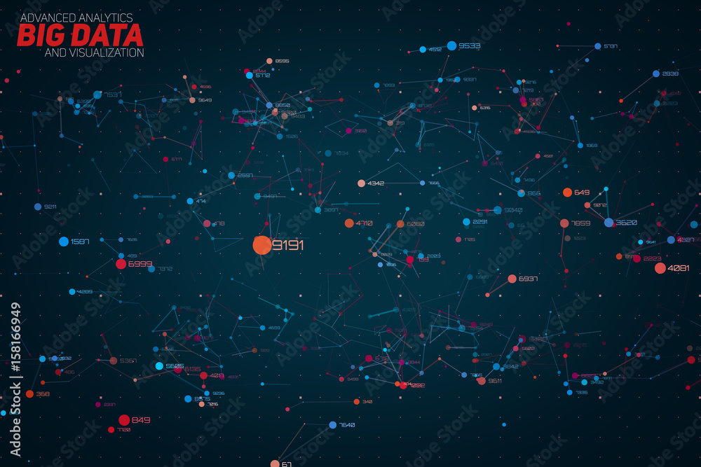 Poster Vector abstract colorful big data point plot visualization. Futuristic infographics design. Visual information complexity. Intricate data threads graphic. Social network, financial analytics