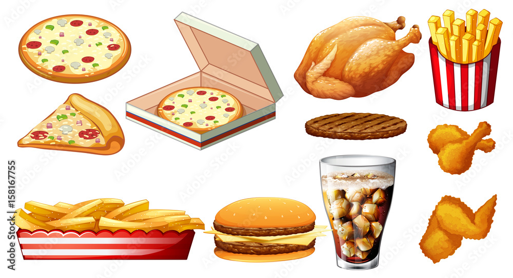 Poster different types of fastfood and drink