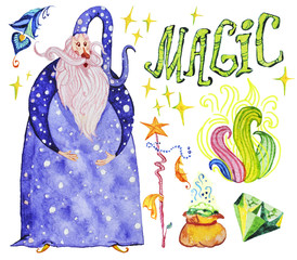 Watercolor artistic collection of magic hand drawn elements design isolated on white background. Wizard, lettering, smoke, fire, magic wand, crystal and powder set. Fairy tale children illustration.