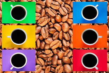Collage of cups of coffee on a coffee beans background