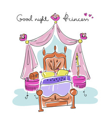 Bedroom for a girl. Princess style: bed, canopy, nightstand, flower. Line art illustration vector eps 10