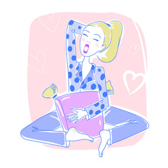 Beautiful woman sitting in her bedroom yawning and relaxing. Vector illustration eps 10