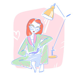 Beautiful woman sitting in her bedroom reading a book. Vector illustration eps 10