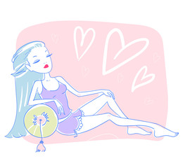 Beautiful woman sitting in her bedroom yawning and relaxing. Vector illustration eps 10