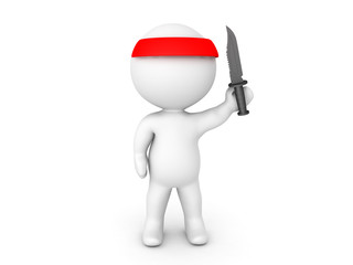 3D illustratrion of jungle warrior guerrila soldier with red bandana holding  army knife