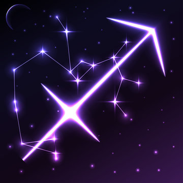 Space symbol of Sagittarius of zodiac and horoscope concept, vector art and illustration.