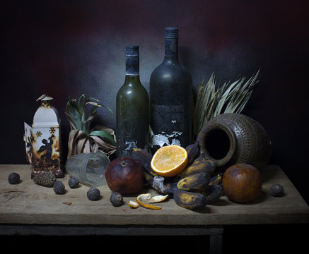 Objects expired and dried and rotten fruits on the plank in dim light night / Still life style and select focus ..