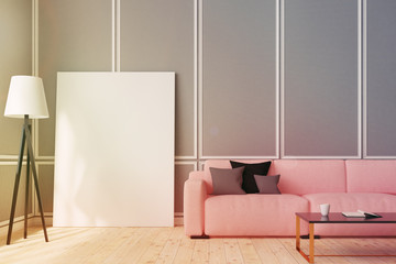 Pink sofa living room, vertical poster, toned