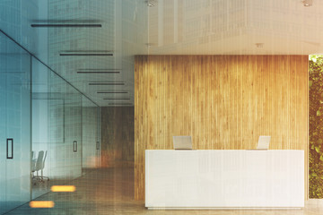 White reception, wooden office, front toned