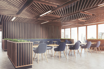 Blue chair cafe wooden interior side dark toned