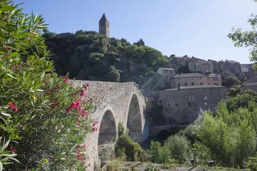 Fototapeten Village of Olargues Languedoc France. Cityview. Bridge. River le Jauar. Haut-Languedoc . Beziers. Bridge and church. © A