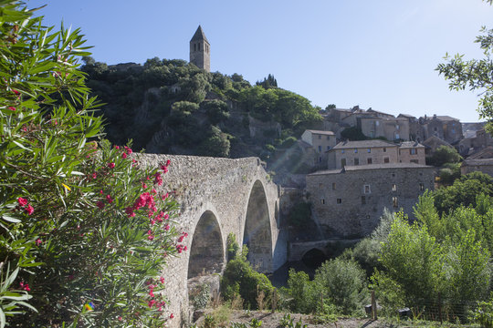 Village of Olargues Languedoc France. Cityview. Bridge. River le Jauar. Haut-Languedoc . Beziers. Bridge and church.
