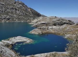 Naklejka na ściany i meble Deep dark blue mountain lake in a rocky landscape. 