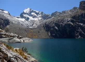 Obraz premium Stunning lake at the base of a towering snow capped peak high in the Andes.