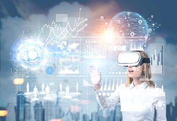 Blond woman in vr glasses in city, graphs