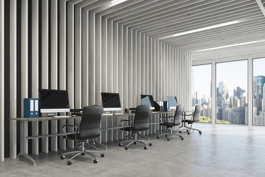 Open space gray office wood side