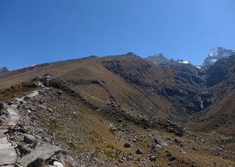 Hiking trail leading up towards the towering Churup mountain in the Cordillera Blanca Andes of Peru.