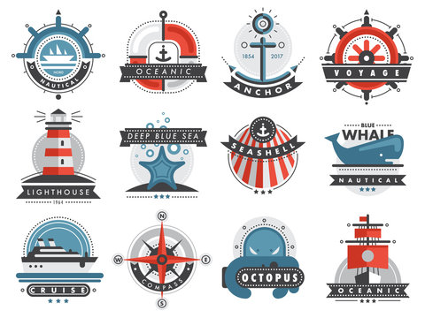 Nautical templates set marine labels sea badges anchor design emblems graphics vector illustration.