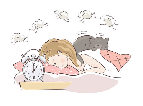 Insomnia / Girl can not fall asleep and considers sheep, vector illustration