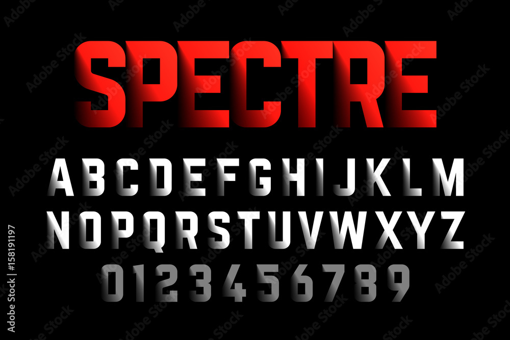 Fototapete bold style font with shadow effect, spectre typeface, alphabet and numbers