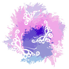 Butterflies silhouettes isolated on white background. Paint spot with splash in watercolour style.