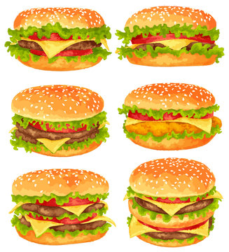 Modern watercolor design vector illustration, set of big burgers