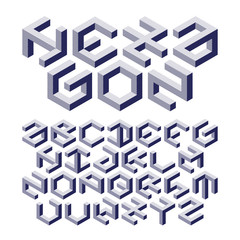 Hexagon alphabet made of impossible shapes with halftone texture