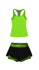 short green and black nylon sports pants and red top isolated on white background