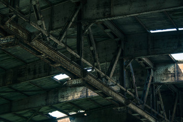 Part of old abandoned rusty building, dark creepy warehouse, dirty and broken