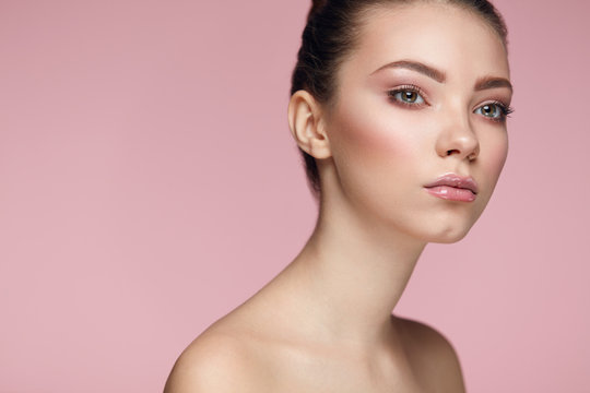 Beauty Face Cosmetics. Girl With Smooth Skin And Fresh Makeup